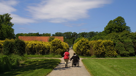Fußgaengerin und Rollstuhlfahrer von hinten im Park